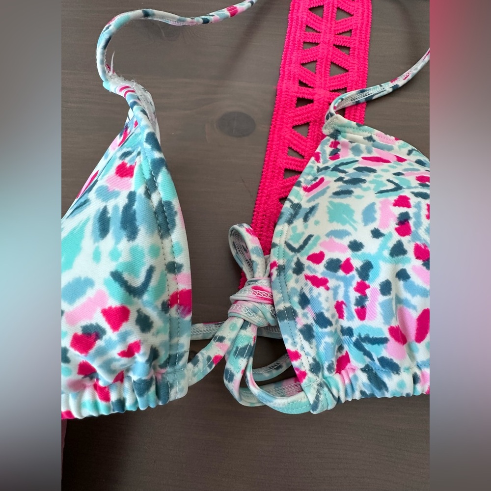 Aerie hot pink and mint Patterned Bikini Halter Top, sz M - Picture 2 of 6